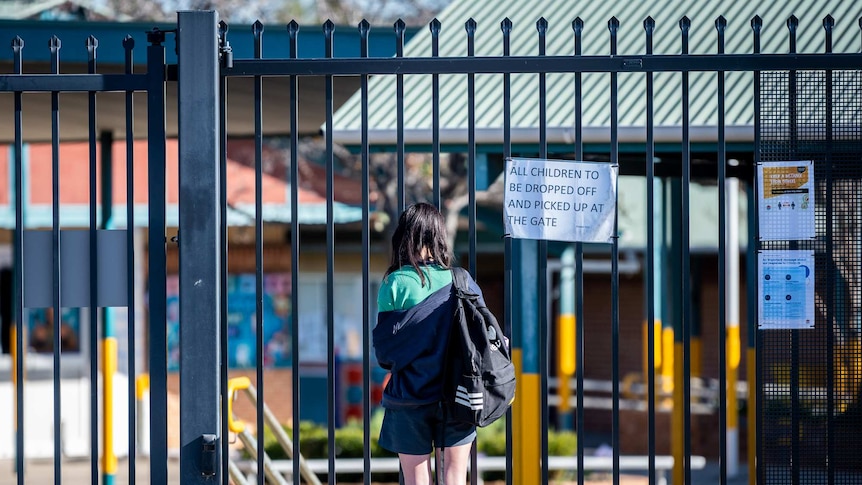 A girl stands at a school gate.