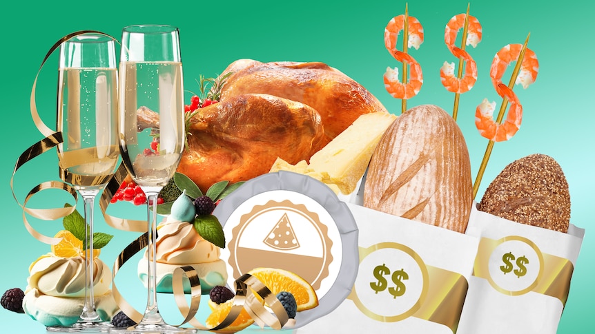 A photo illustration showing champagne, mini pavlovas, cheese, bread and roast turkey with prawn in shape of dollar signs