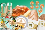 A photo illustration showing champagne, mini pavlovas, cheese, bread and roast turkey with prawn in shape of dollar signs