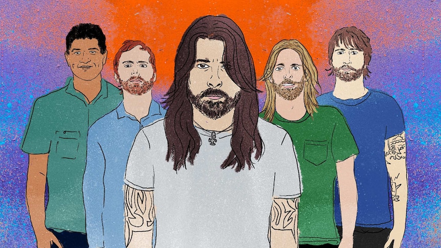 An illustration of rock band Foo Fighters with Dave Grohl in the centre