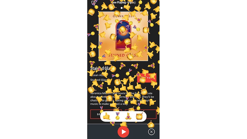 A screenshot of the triple j app being showered with Shaka emojis during the premiere of Ocean Alley's 'Stained Glass'