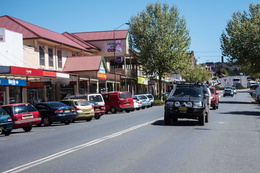 Cars drive down the main street of Cooma in New South Wales.