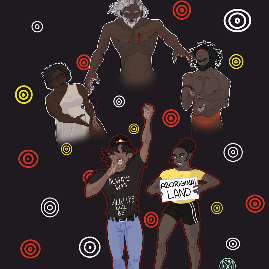 A digital drawing of an Indigenous elder at the top, with four Aboriginal people below across against a black backdrop.