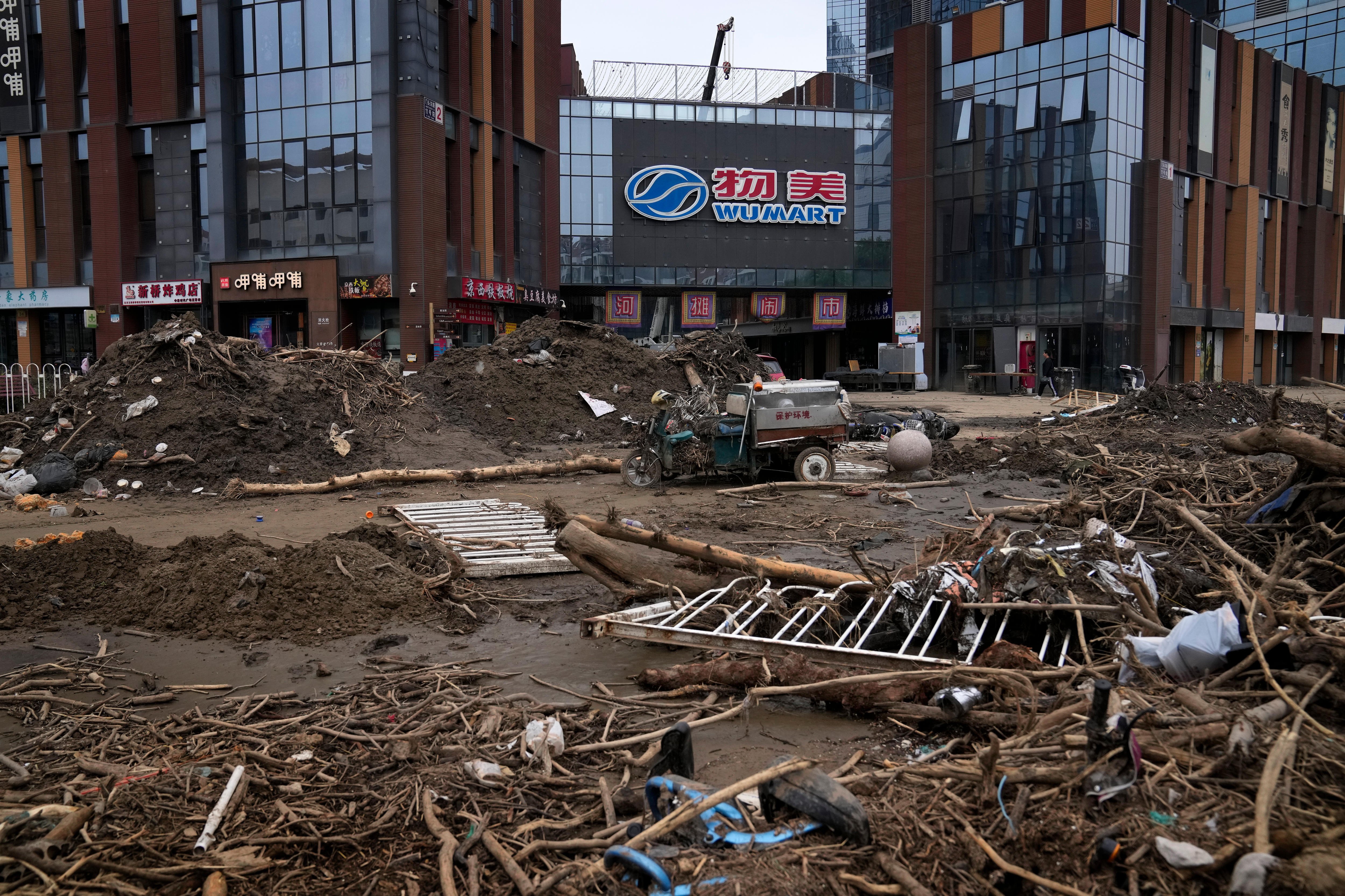 Floods debris left over near a commercial office building in China