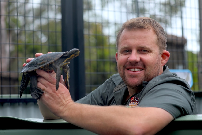 man holding a manning river turtle