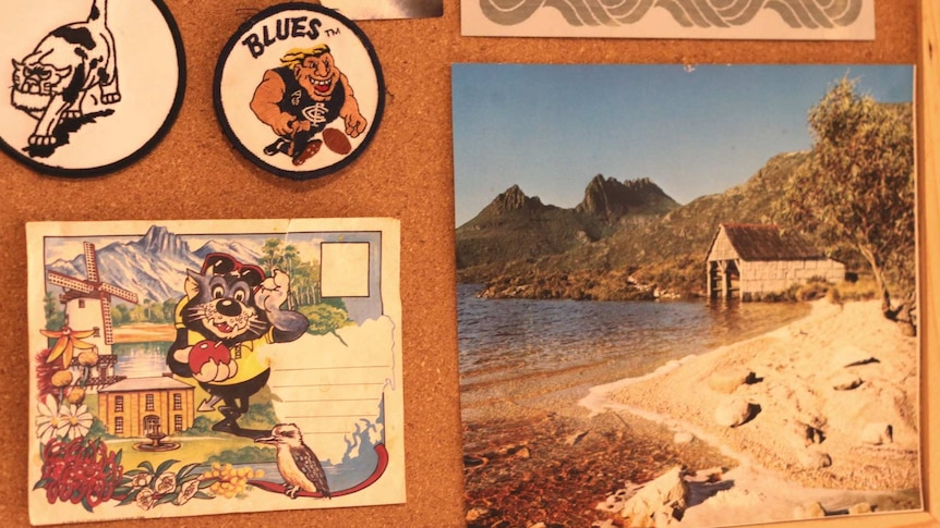 A corkboard with memorabilia and postcards of Tasmania pinned to it.