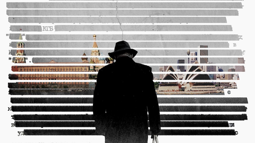 A collage graphic of an anonymous man walking away. On his left are Moscow buildings. On his right is a Sydney skyline.