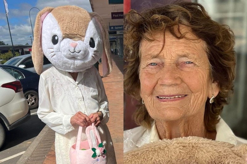 A woman in an easter bunny suit next to a portrait of her.