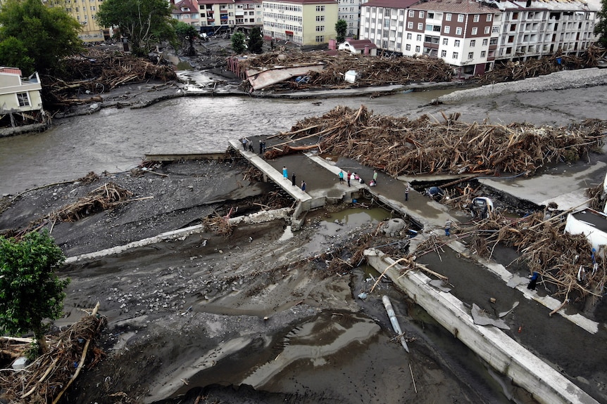 An aerial photo shows the destruction after floods and mudslides