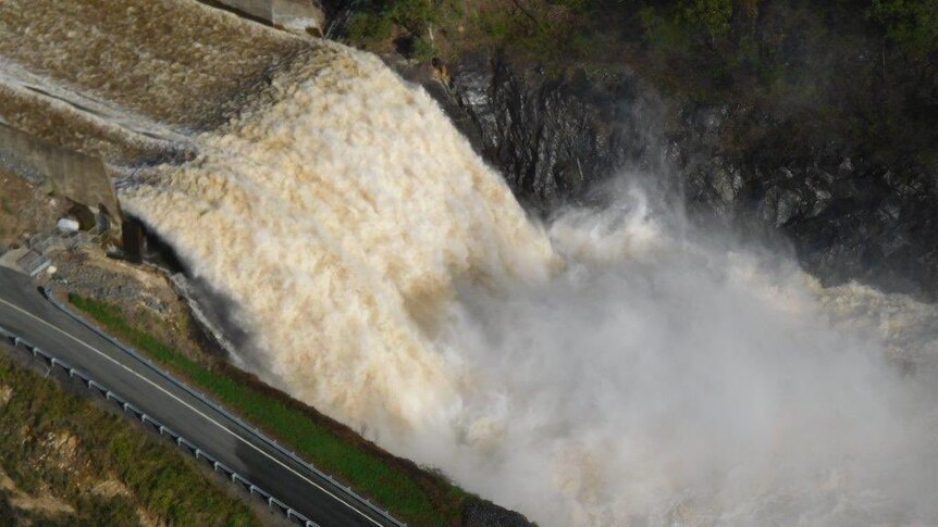Hinze Dam in the Gold Coast hinterland overflowing