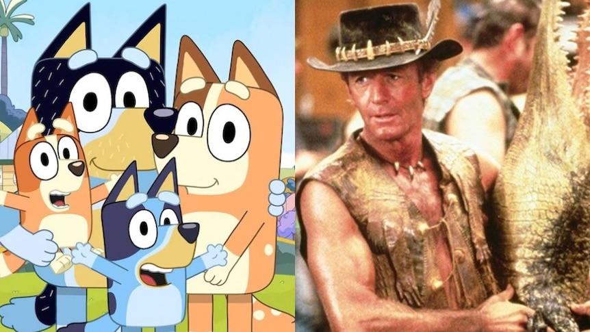 A composite image showing Bluey's family and Crocodile Dundee. 