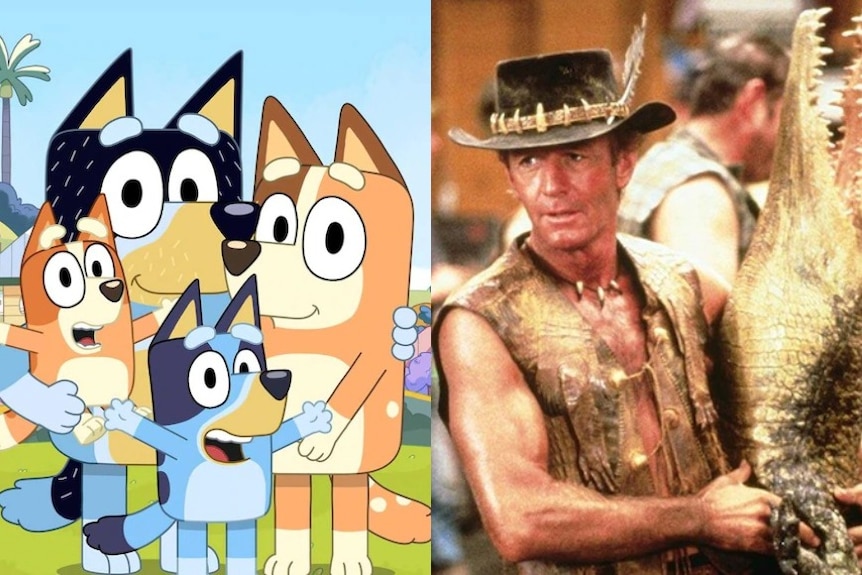 A composite image showing Bluey's family and Crocodile Dundee. 