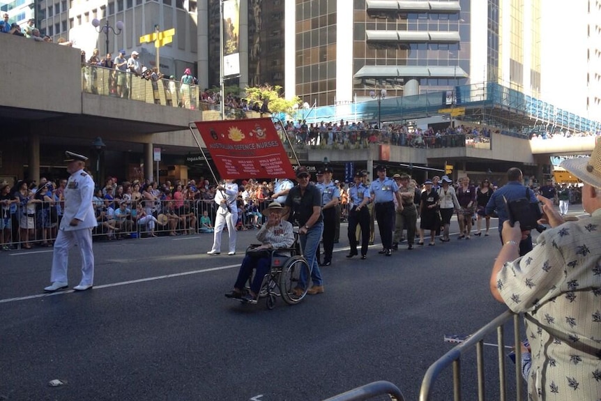 A 96-year-old veteran nurse leads Australian defence nurses in Anzac Day parade in Brisbane's CBD on April 25, 2014