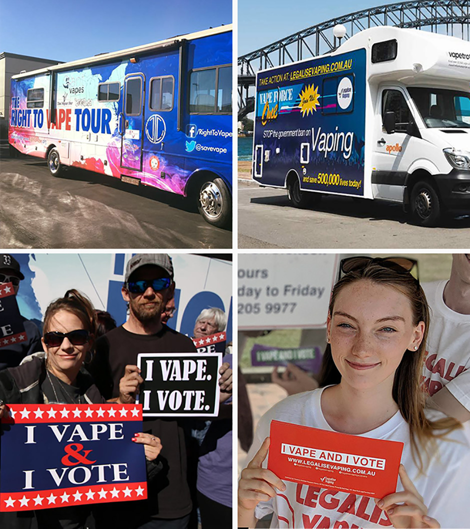 There are similarities between the US to Vape Tour (left) and the Australian Vape Force One campaign.