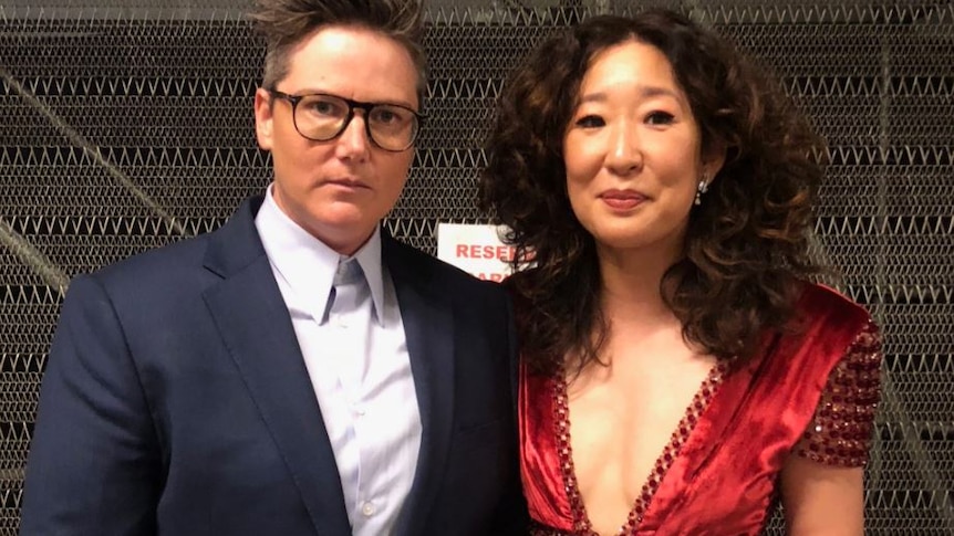 Hannah Gadsby stands next to Sandra Oh after the 2018 Emmys