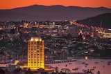 Wrest Point tower stands out in the Hobart amber sunset.