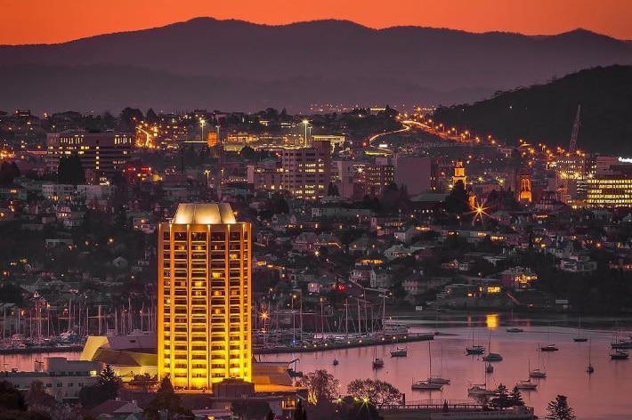 Wrest Point tower stands out in the Hobart amber sunset.