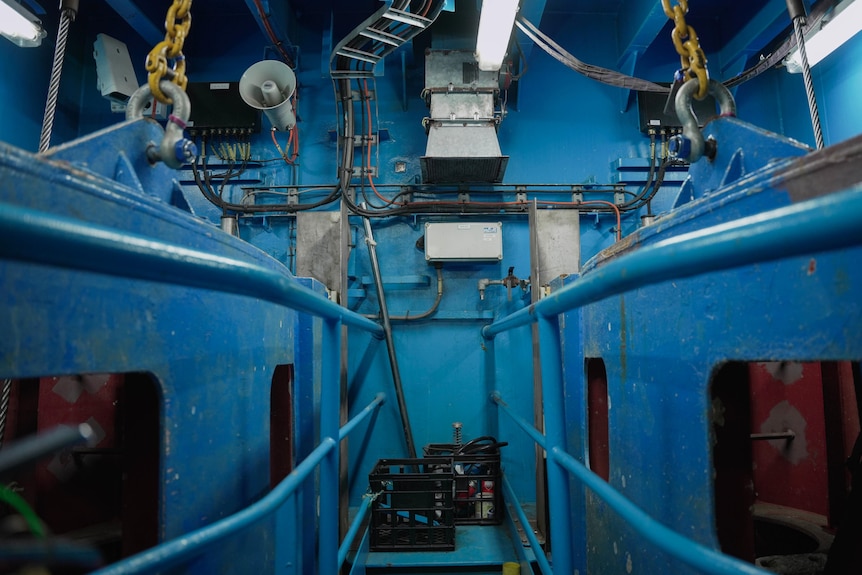 View below deck of a ship's workings.