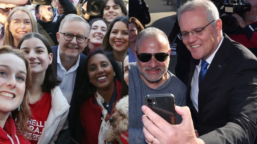 Anthony Albanese and Scott Morrison both take selfies with voters.