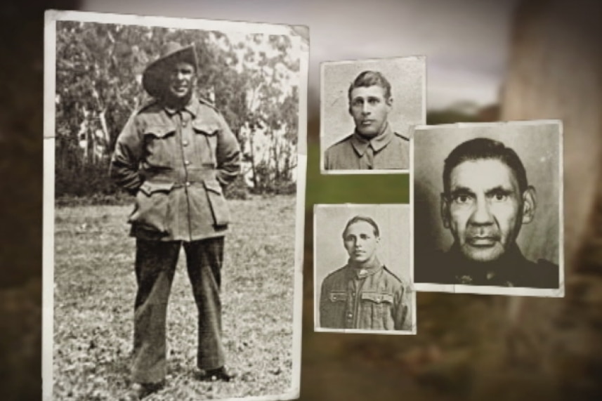 An indigenous man in army uniform and three head shots of Aboriginal men