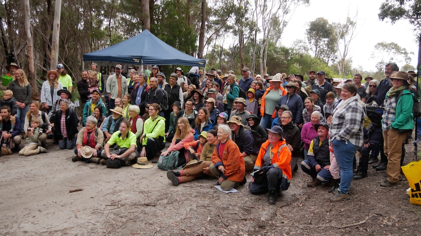 Large group of people wearing hi-vis siting in the middle of forest listening to speaker