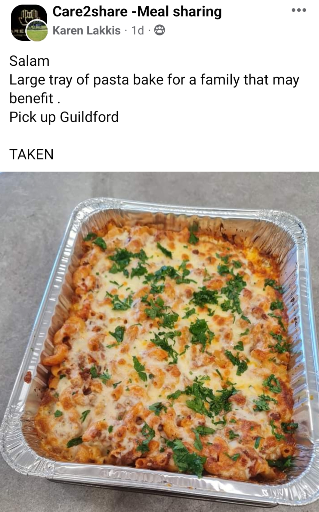 Photo of pasta meal on social media with text offering people to take it for free