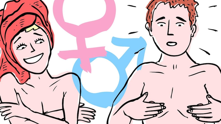 Cartoon of naked woman and man from waist up, man with hands on nipples, and male and female sex symbols