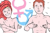 Cartoon of naked woman and man from waist up, man with hands on nipples, and male and female sex symbols