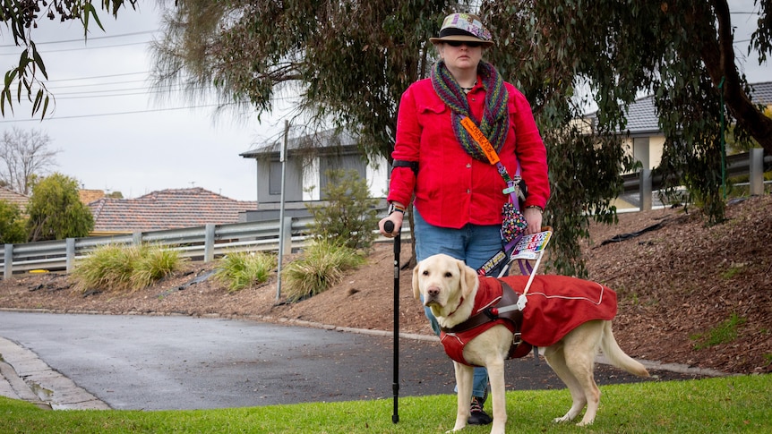 A woman with a crutch and guide dog stands outside a suburban street.