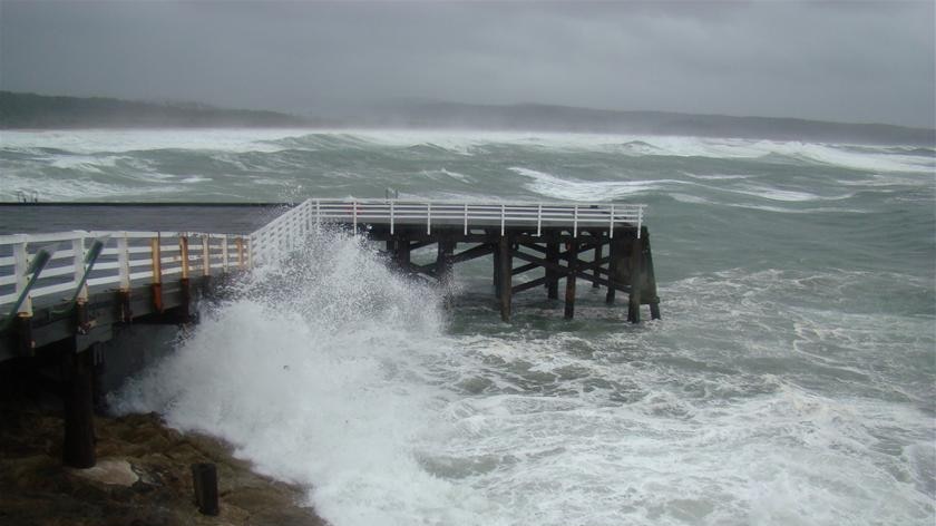 Heavy seas at Tathra wharf during a south east low