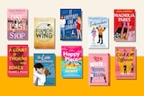 A collage of colourful romance novels, most featuring cartoon illustrations of couples embracing.