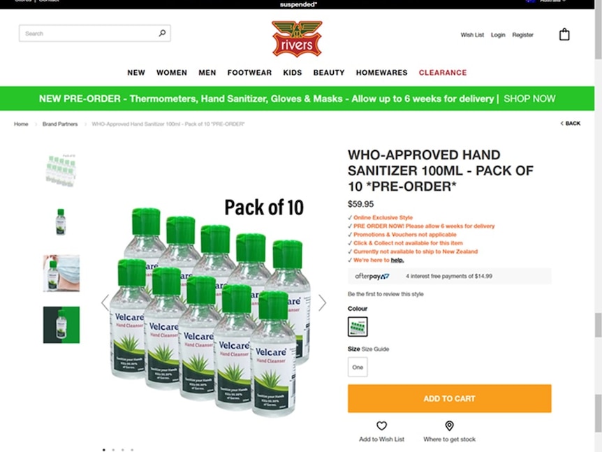 A screenshot of an online Rivers store, selling a pack of 10 hand sanitisers labelled "WHO-approved".