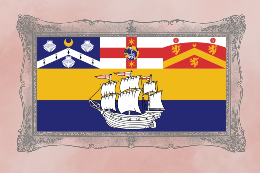 A very busy flag made of four smaller flags, which include a ship, shells, a globe, lions and a red cross on a white background