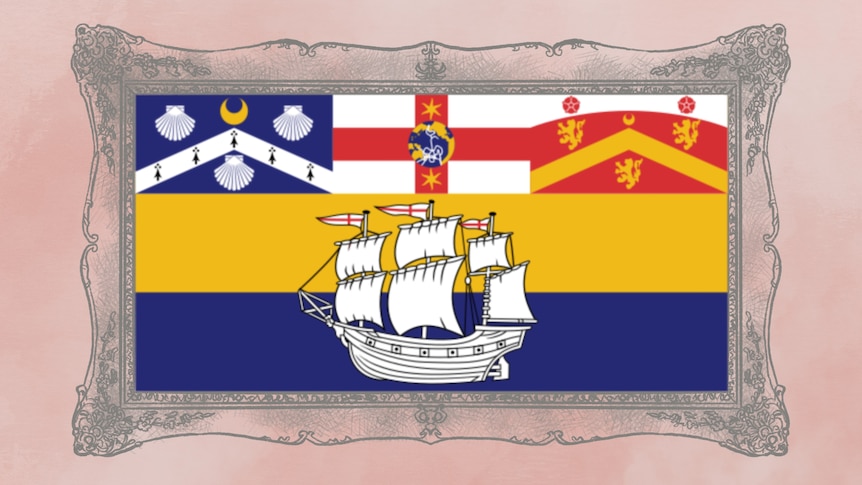 A very busy flag made of four smaller flags, which include a ship, shells, a globe, lions and a red cross on a white background