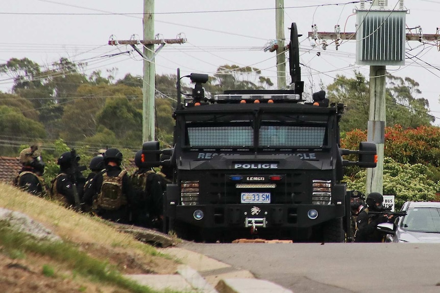 Tasmania Police Bearcat and Special Operations Group members, Trevallyn siege.