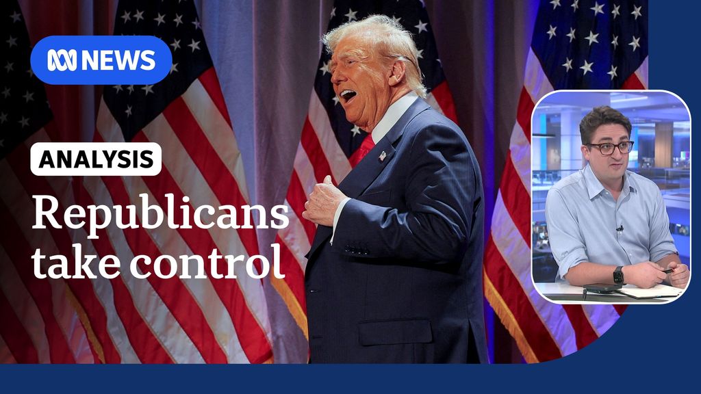 Republicans take control: Donald Trump yelling on stage backed by US flags. Inset photo of man with brown hair and glasses