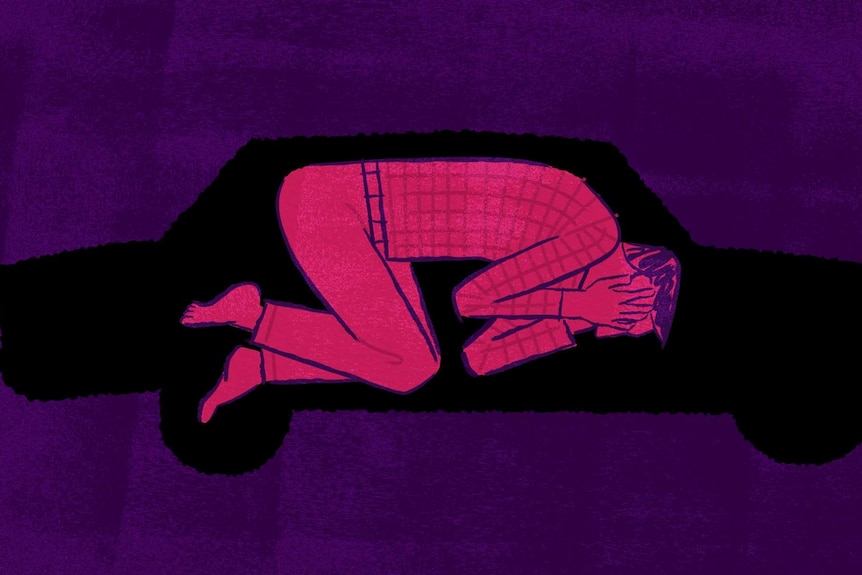 An illustration shows a man curled up inside a car