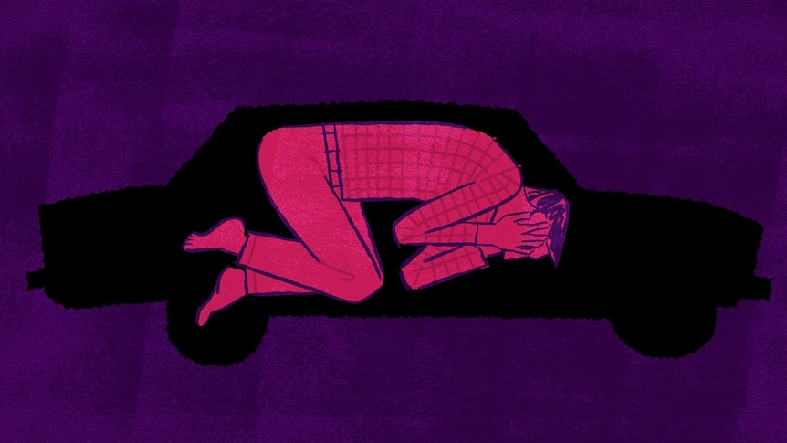 An illustration shows a man curled up inside a car