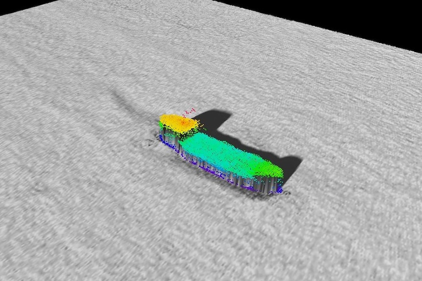Computer image of a ship on the seabed.