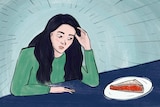 Drawing of an anxious woman sitting at a dining table with a piece of pie on a plate