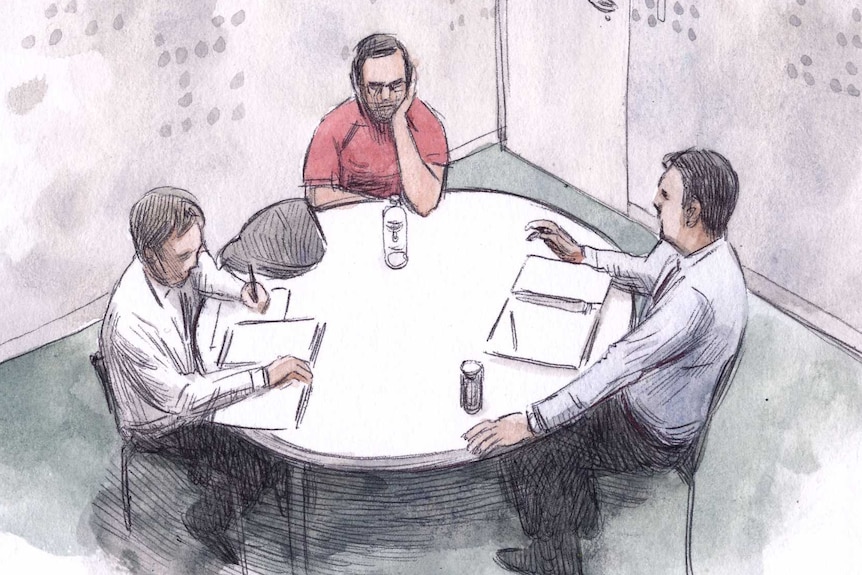 A sketch of a man in a red polo shirt sitting around a circular white table with two men in white shirts.