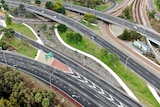 An aerial shot of a freeway interchange