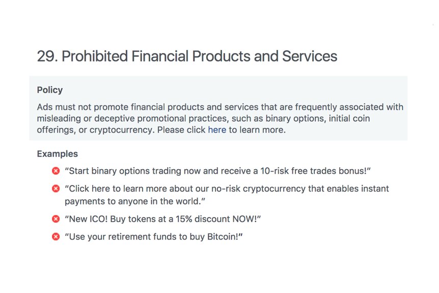 The text of Facebook's new policy which bans cryptocurrency advertising.