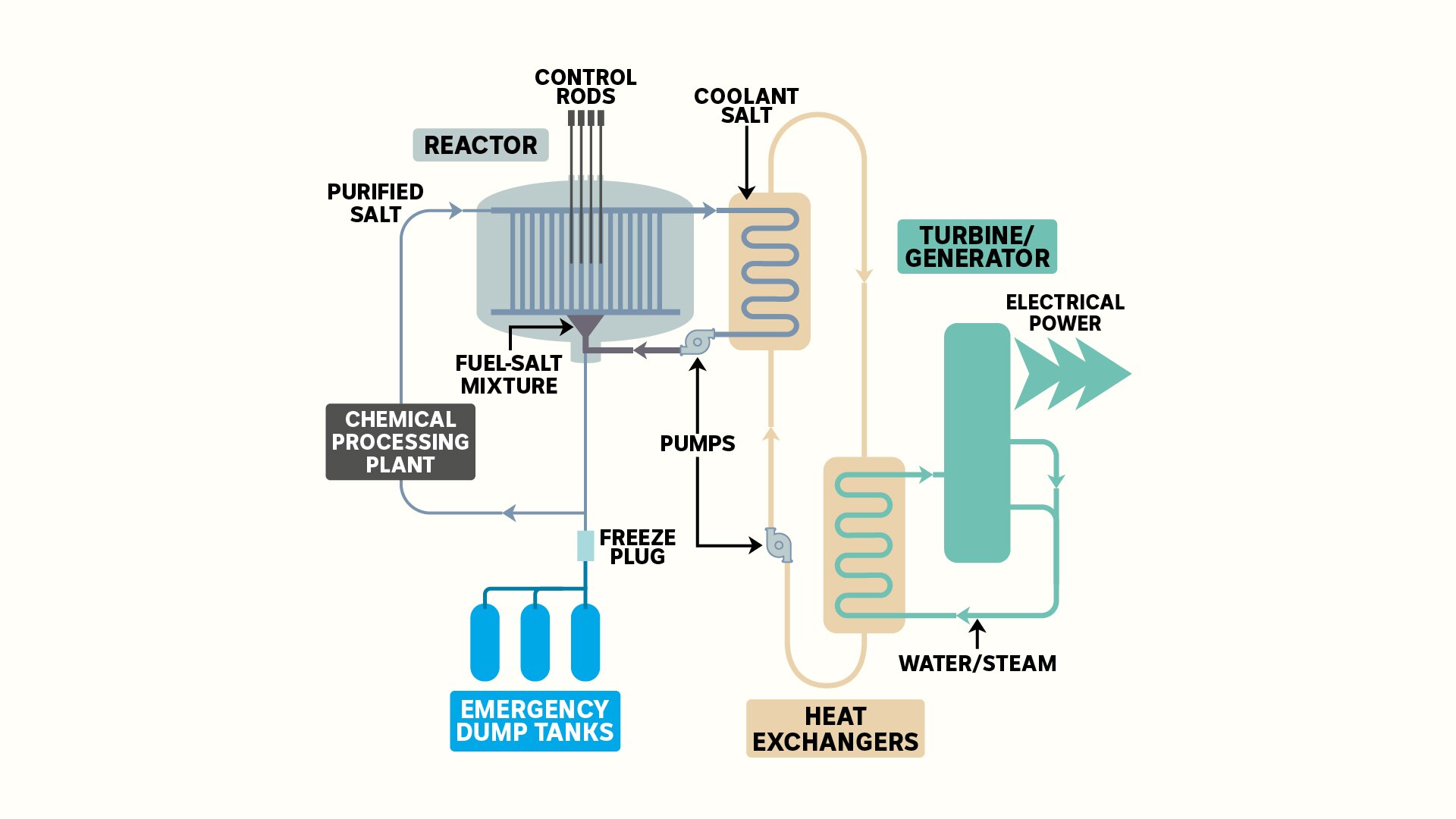 Un schéma montrant une conception générique pour un réacteur nucléaire à sels fondus.