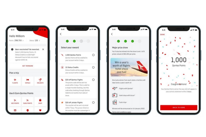 Four iPhone screens show the process to claim rewards through Qantas.