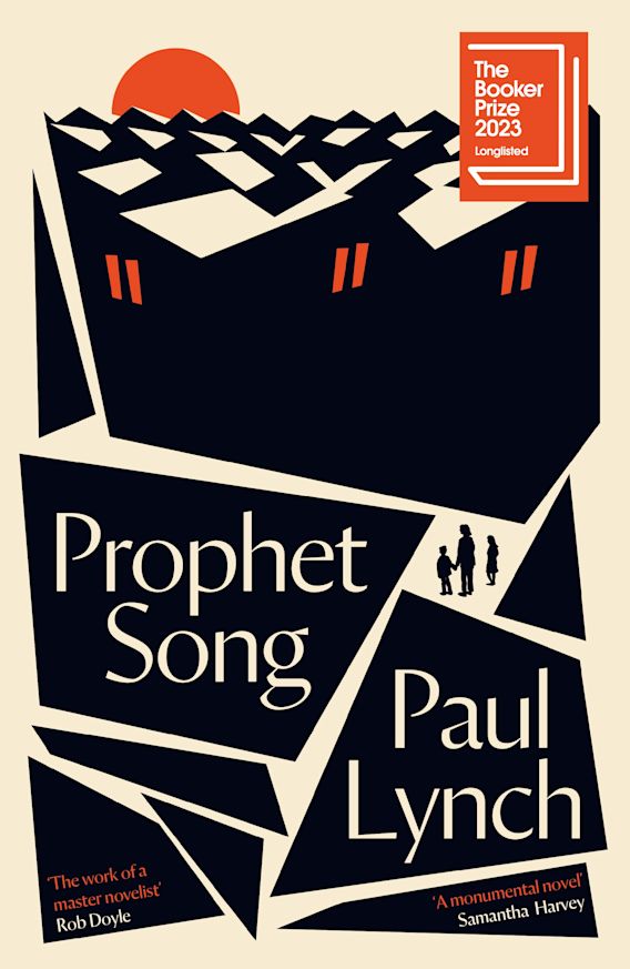 A book cover showing an illustration with black geometric shapes and a rising sun over mountain peaks at the top