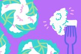 Illustration of white heads of cauliflower on and a fork in floret on a purple background.