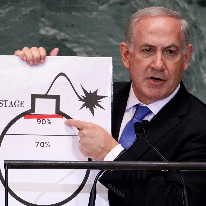 Israel's prime minister Netanyahu points to a red line he draw on a graph of a bomb used to represent Iran's nuke program