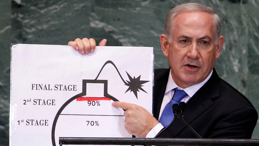 Israel's prime minister Netanyahu points to a red line he draw on a graph of a bomb used to represent Iran's nuke program