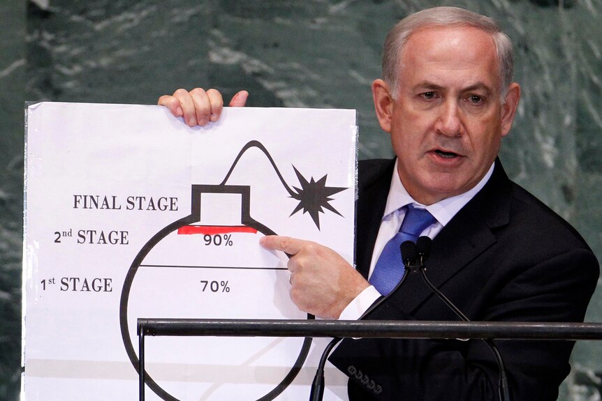 Israel's prime minister Netanyahu points to a red line he draw on a graph of a bomb used to represent Iran's nuke program